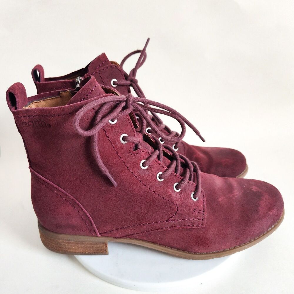 Earth Janel Combat Boots Size 8.5 Dark Red Lace Up Ankle Boots Burnished Leather